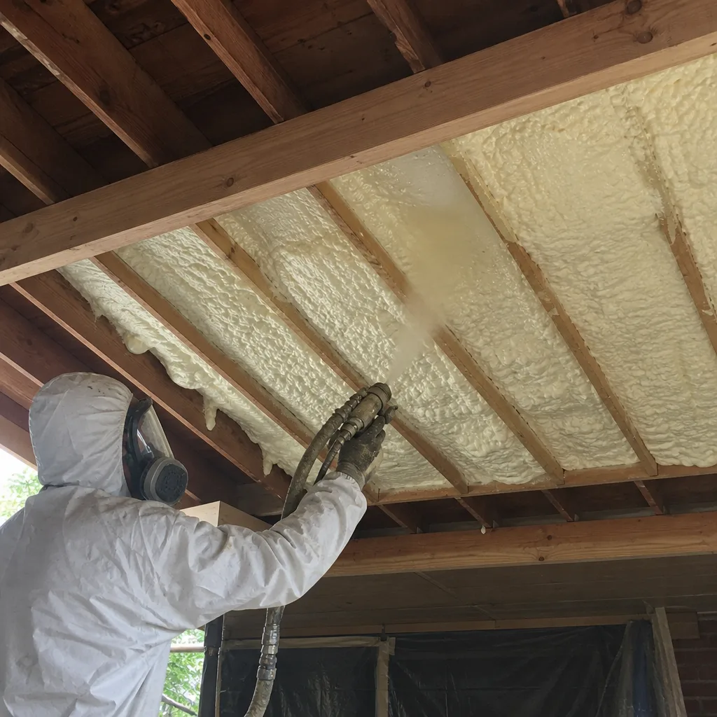 Professional contractor applying spray foam insulation to ceiling joists in Houston, TX